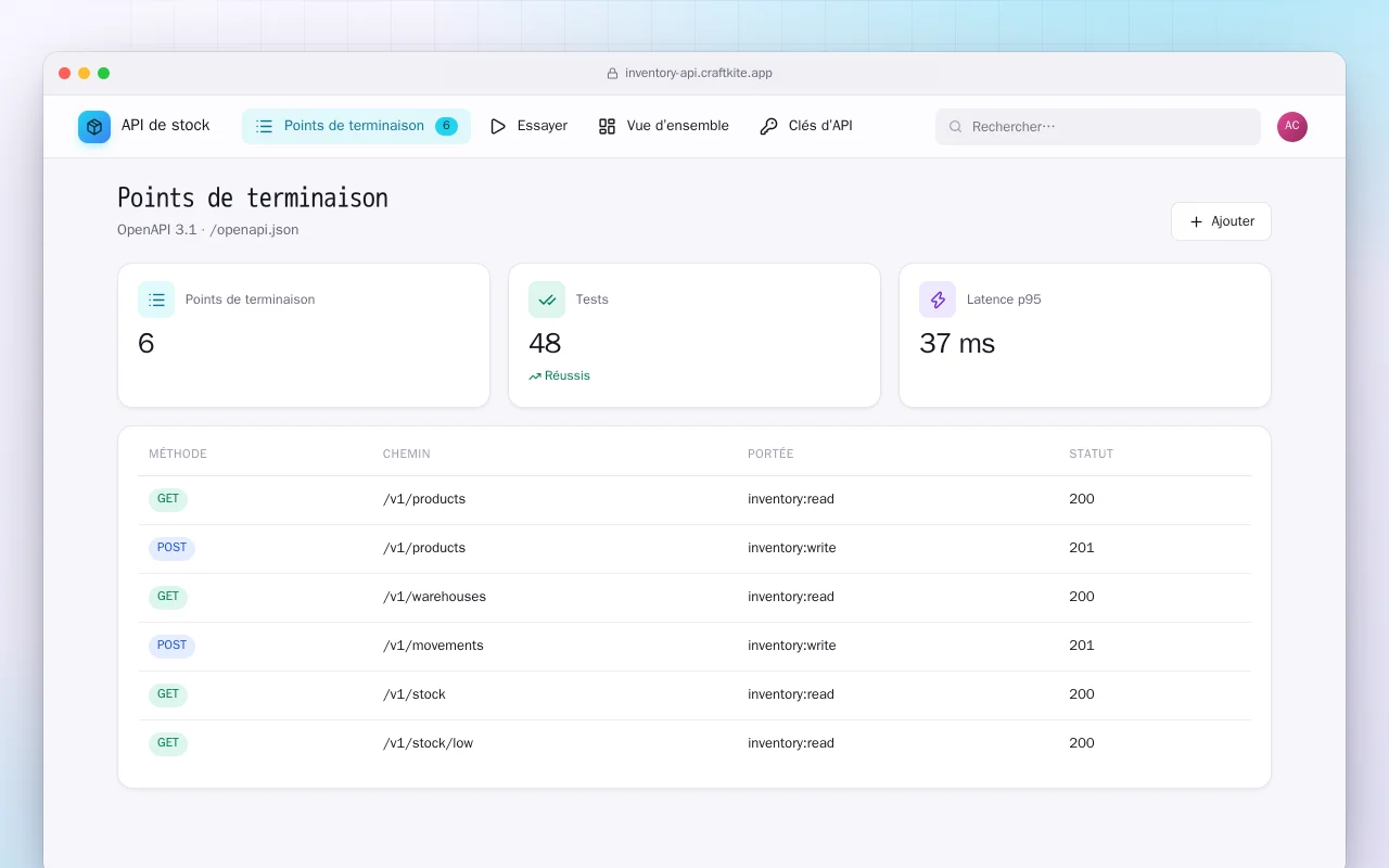 API de stock : l’écran Points de terminaison