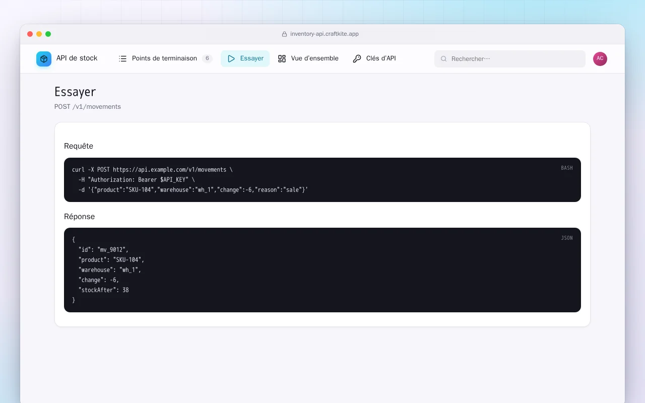 API de stock : l’écran Essayer