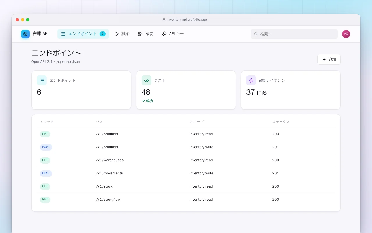 在庫 API：エンドポイント画面