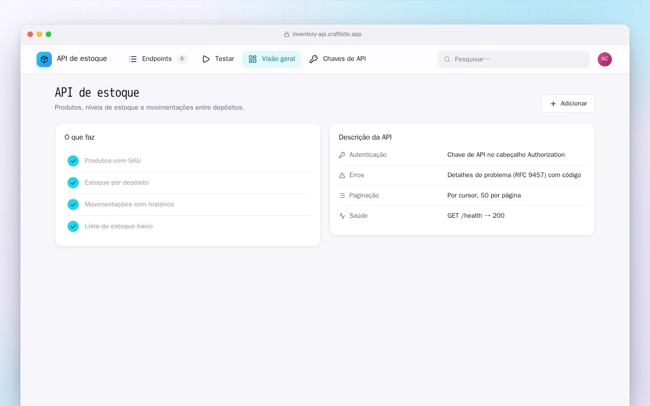 API de estoque: a tela API de estoque