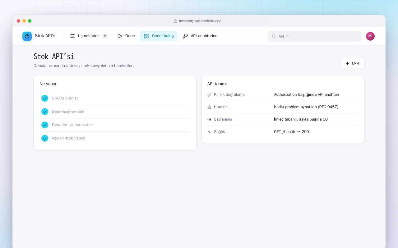 Stok API’si: Stok API’si ekranı