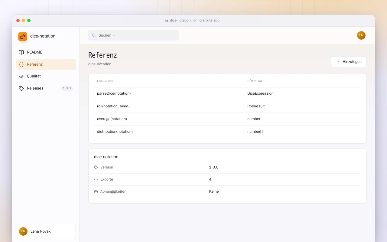 Würfelnotation (TypeScript): der Bildschirm „Referenz“