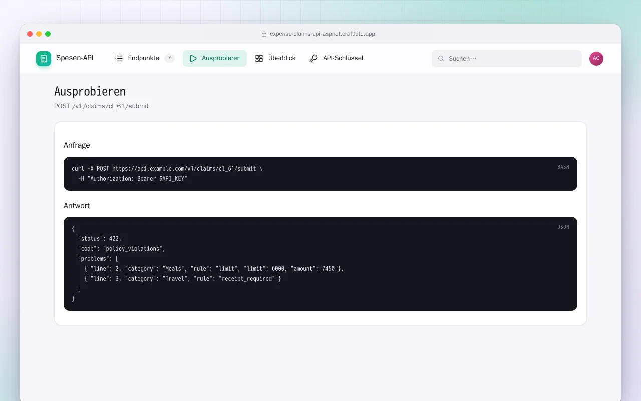 Spesen-API (ASP.NET Core): der Bildschirm „Ausprobieren“