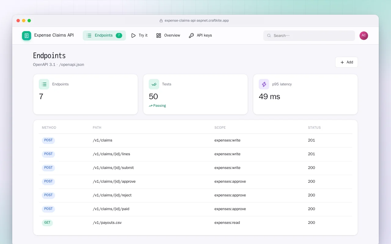 Expense Claims API (ASP.NET Core): the Endpoints screen