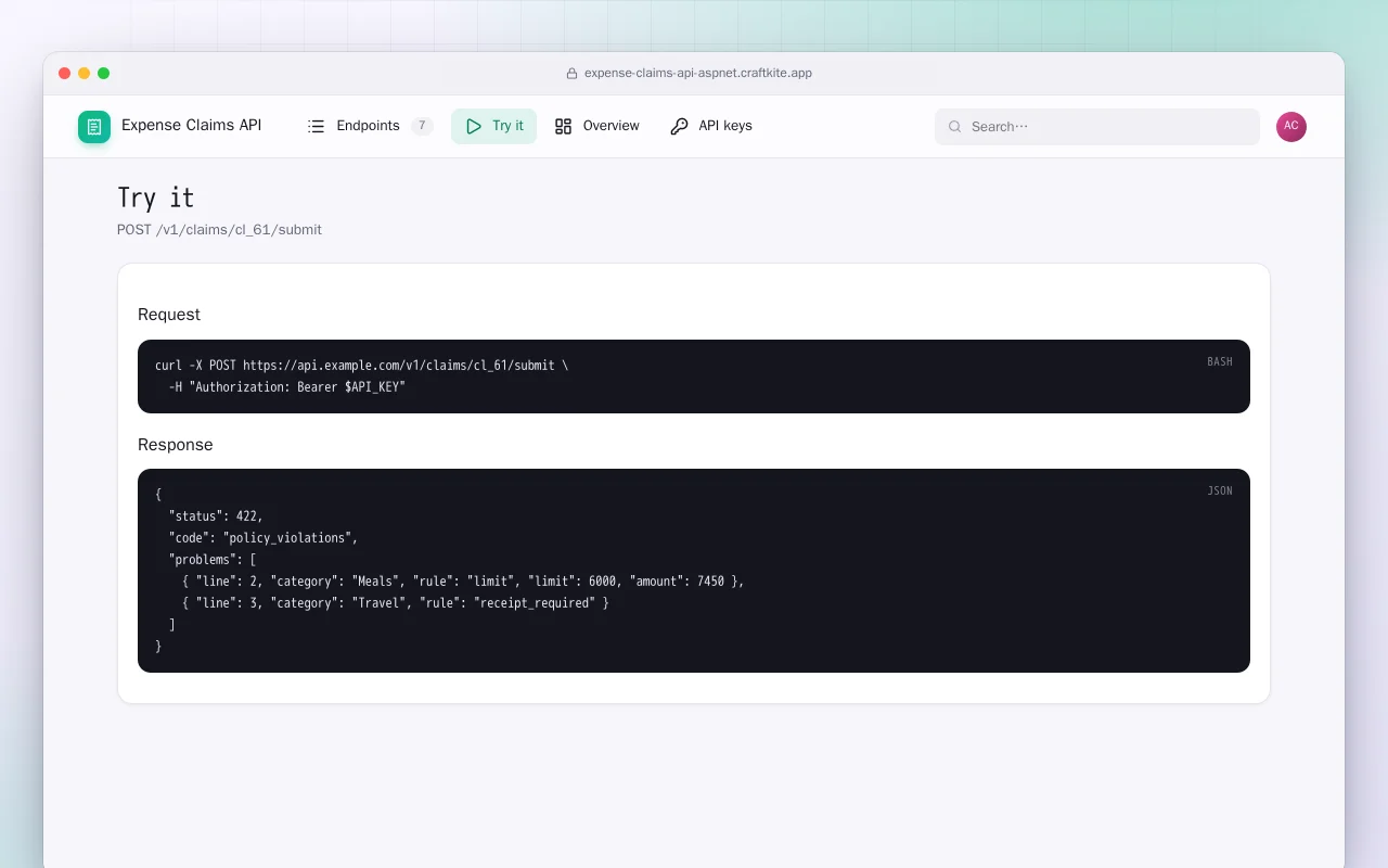 Expense Claims API (ASP.NET Core): the Try it screen
