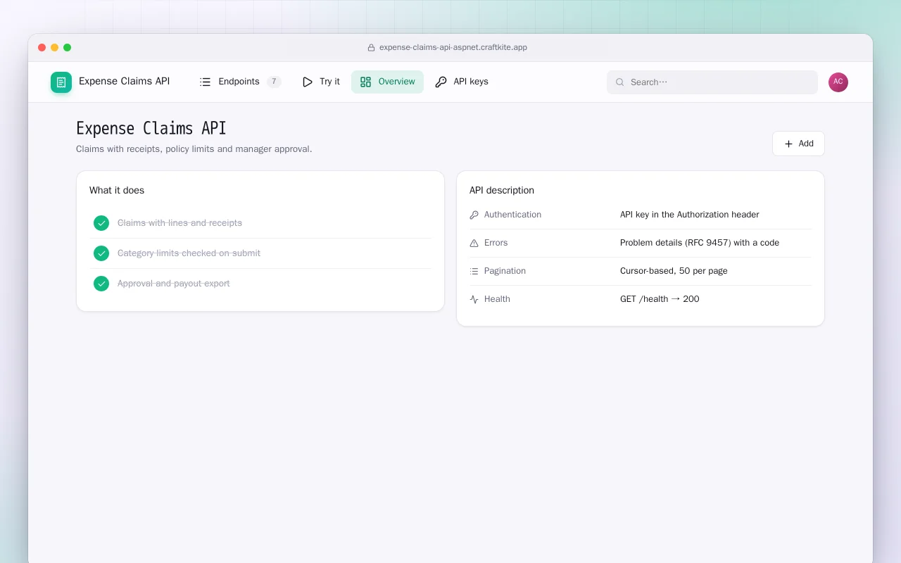 Expense Claims API (ASP.NET Core): the Expense Claims API screen