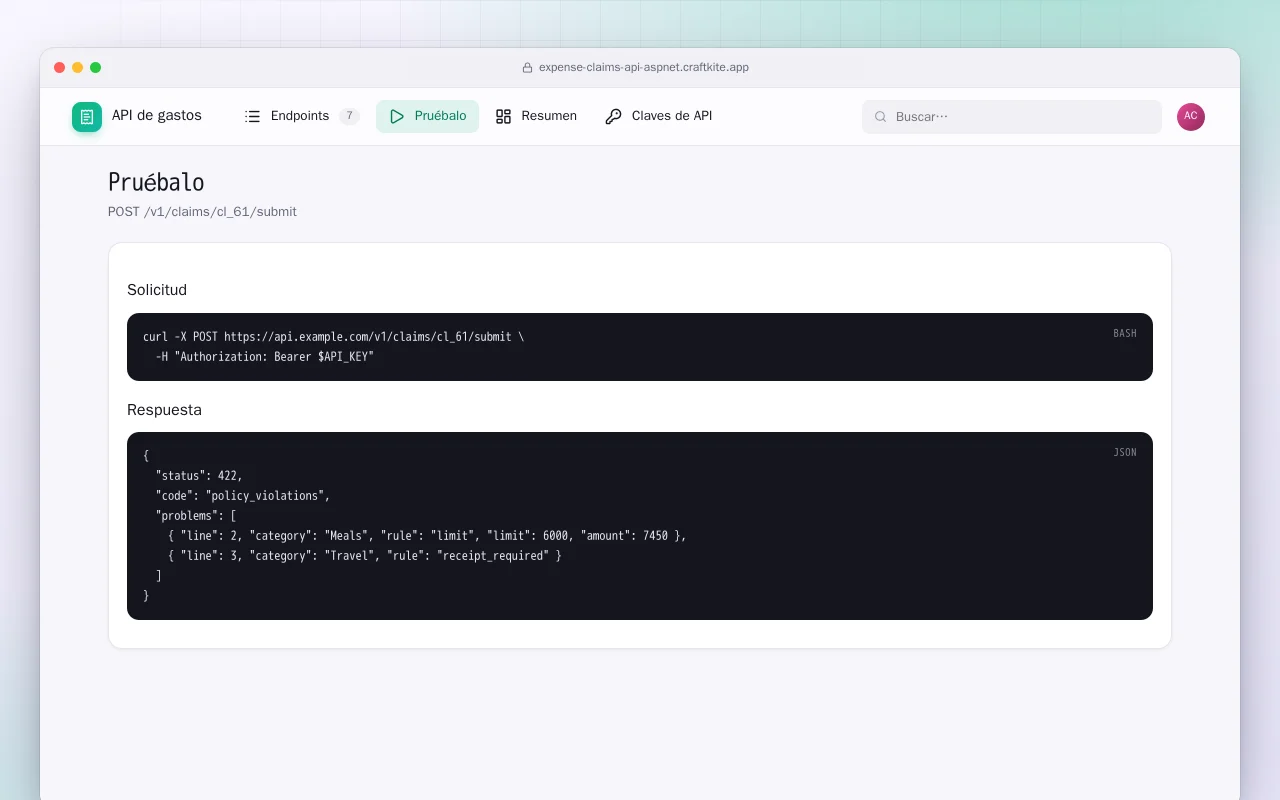 API de gastos (ASP.NET Core): la pantalla Pruébalo