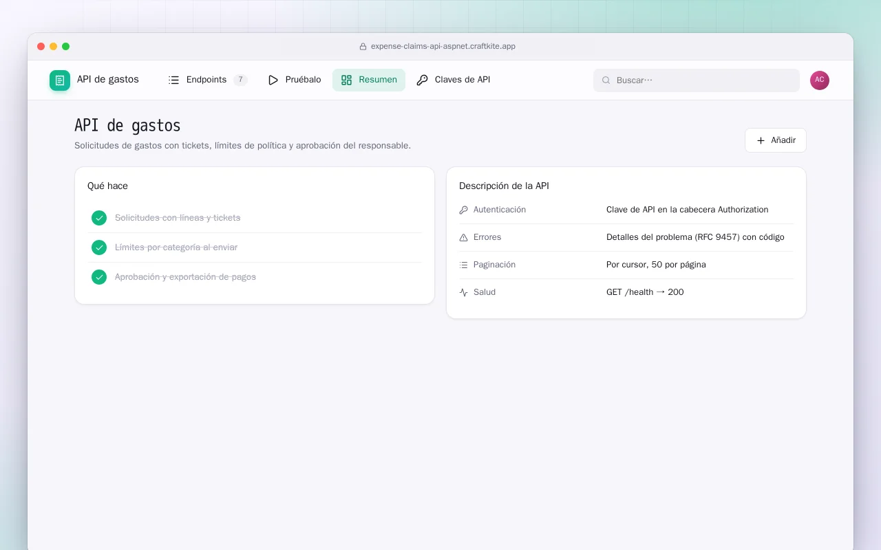 API de gastos (ASP.NET Core): la pantalla API de gastos