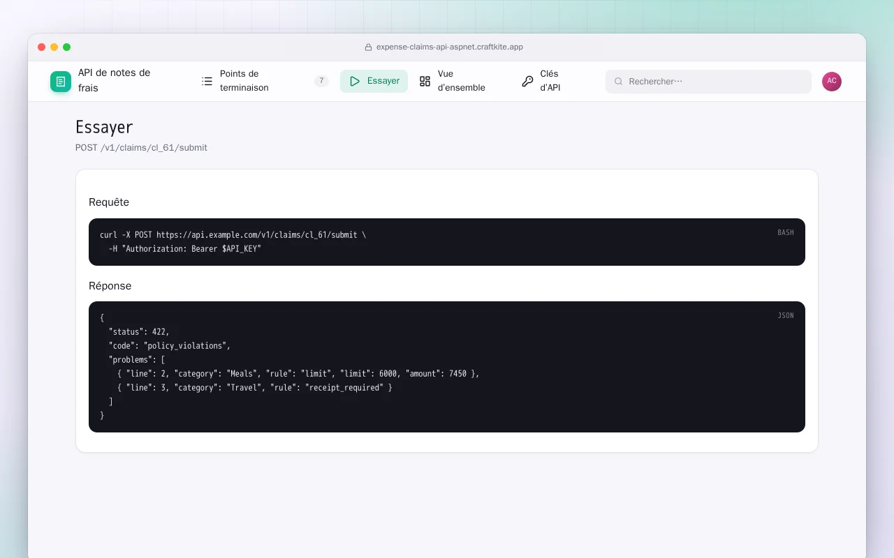 API de notes de frais (ASP.NET Core) : l’écran Essayer