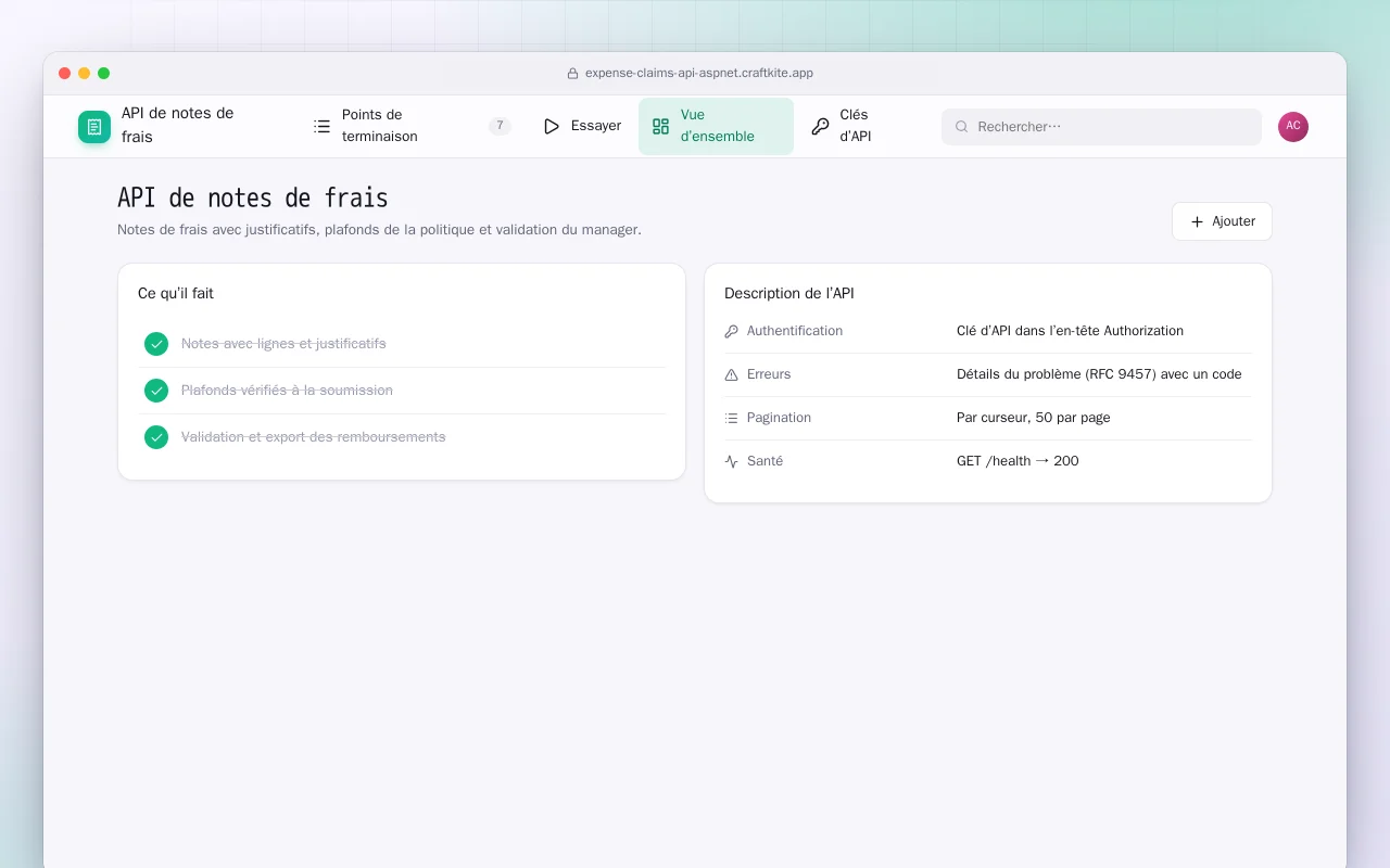 API de notes de frais (ASP.NET Core) : l’écran API de notes de frais