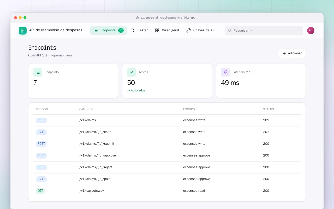 API de reembolso de despesas (ASP.NET Core): a tela Endpoints