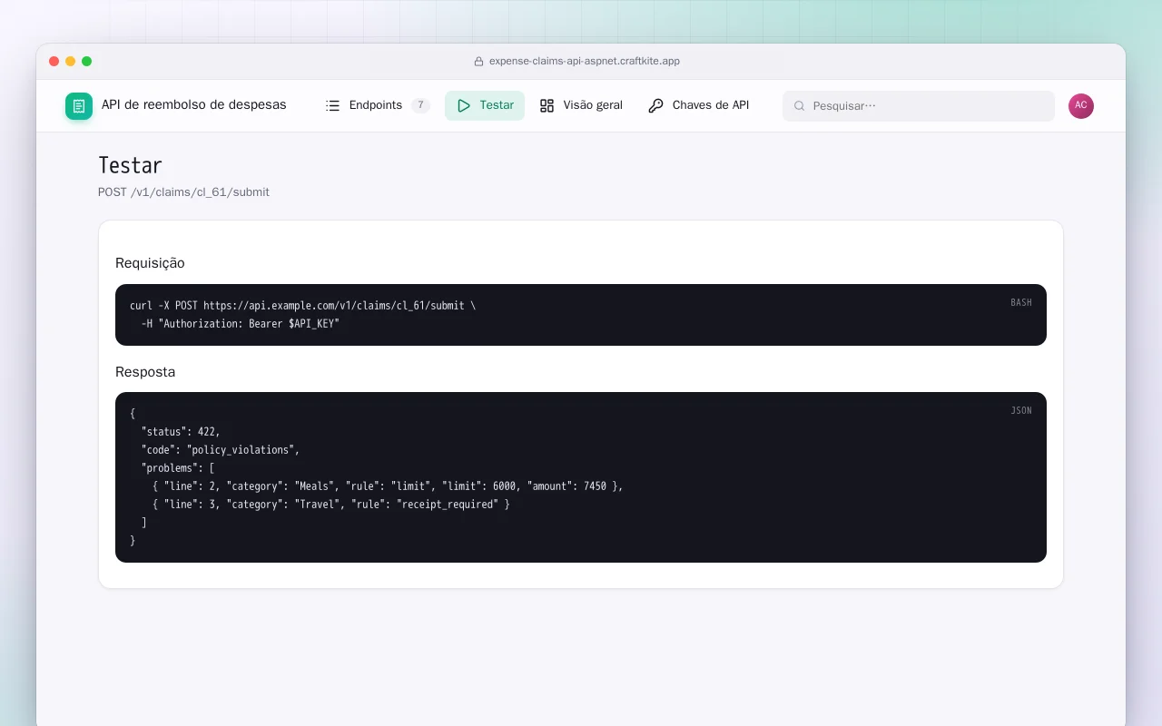 API de reembolso de despesas (ASP.NET Core): a tela Testar