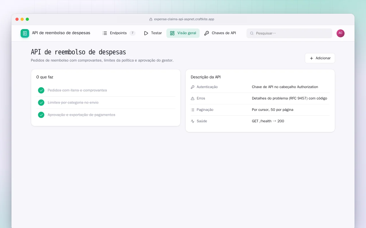 API de reembolso de despesas (ASP.NET Core): a tela API de reembolso de despesas