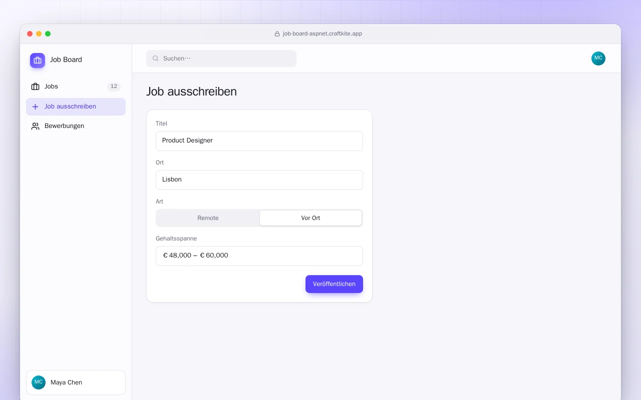 Jobbörse (ASP.NET Core): der Bildschirm „Job ausschreiben“