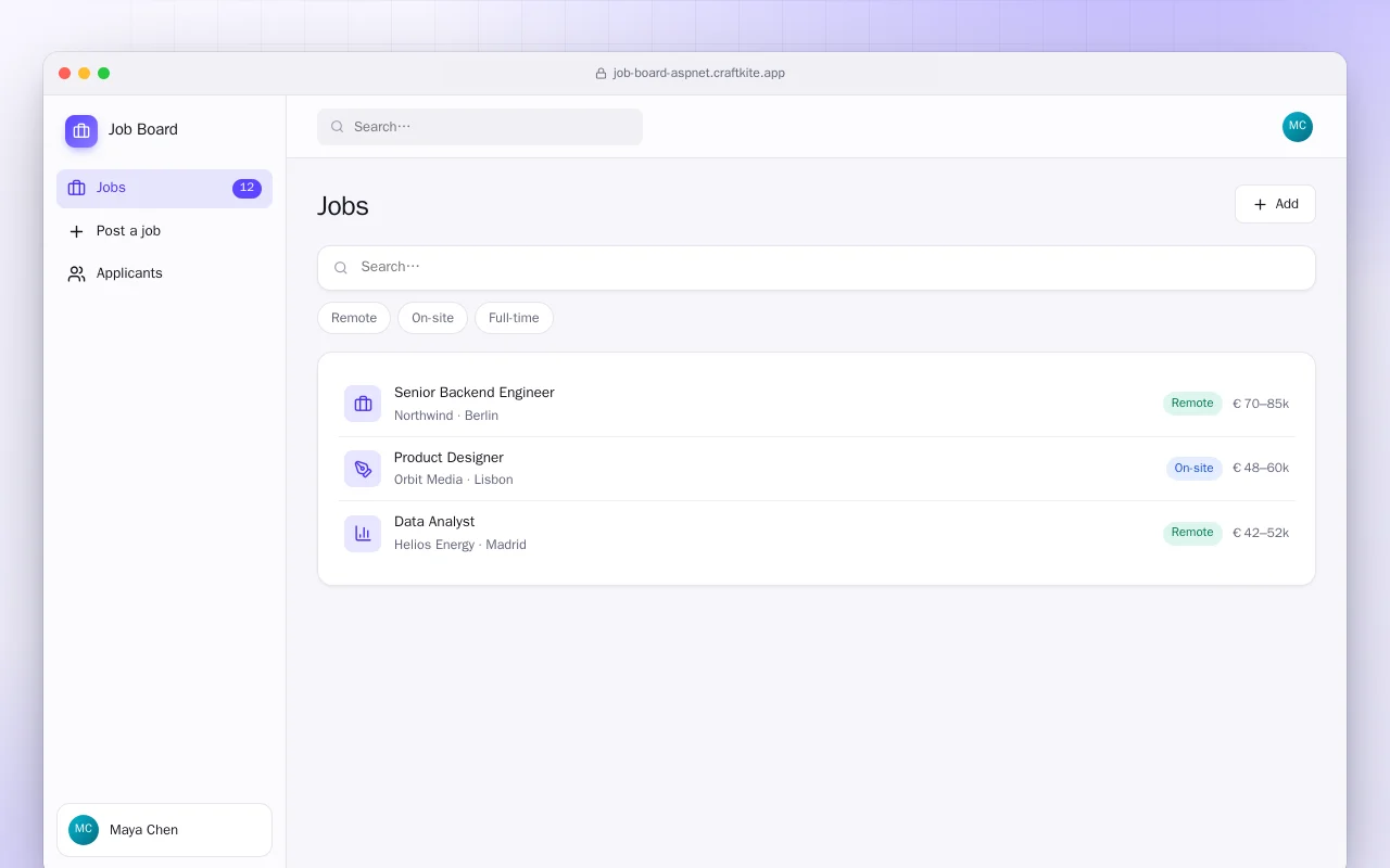 Job Board (ASP.NET Core): the Jobs screen