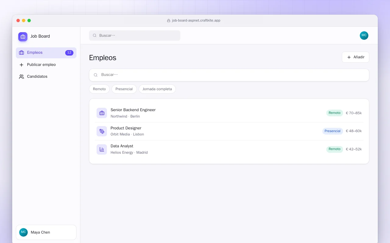 Bolsa de empleo (ASP.NET Core): la pantalla Empleos