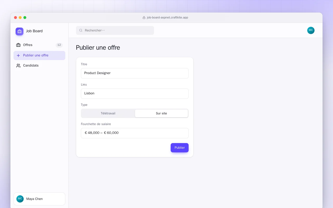 Offres d’emploi (ASP.NET Core) : l’écran Publier une offre