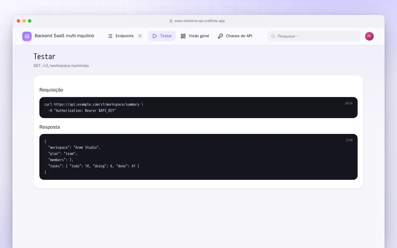 Backend SaaS multi-inquilino: a tela Testar