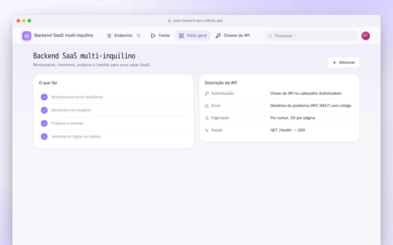 Backend SaaS multi-inquilino: a tela Backend SaaS multi-inquilino