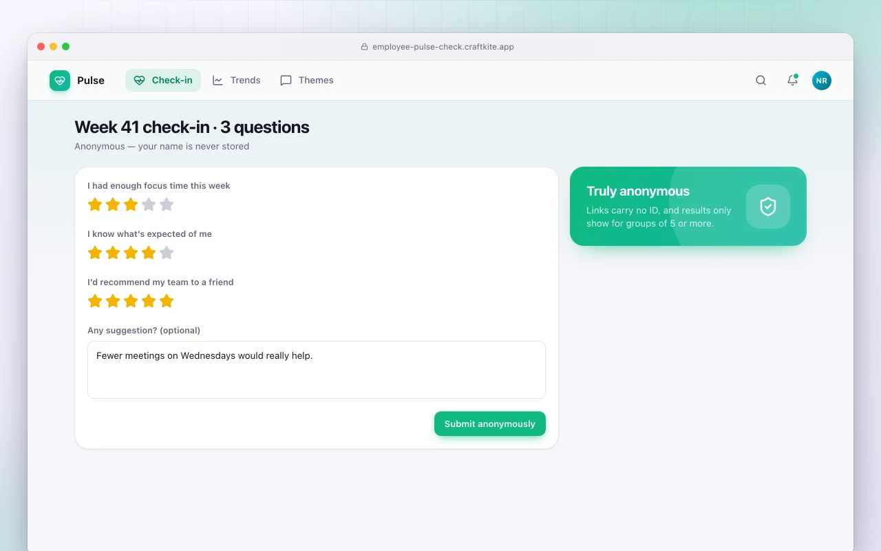Employee pulse check: the Week 41 check-in · 3 questions screen