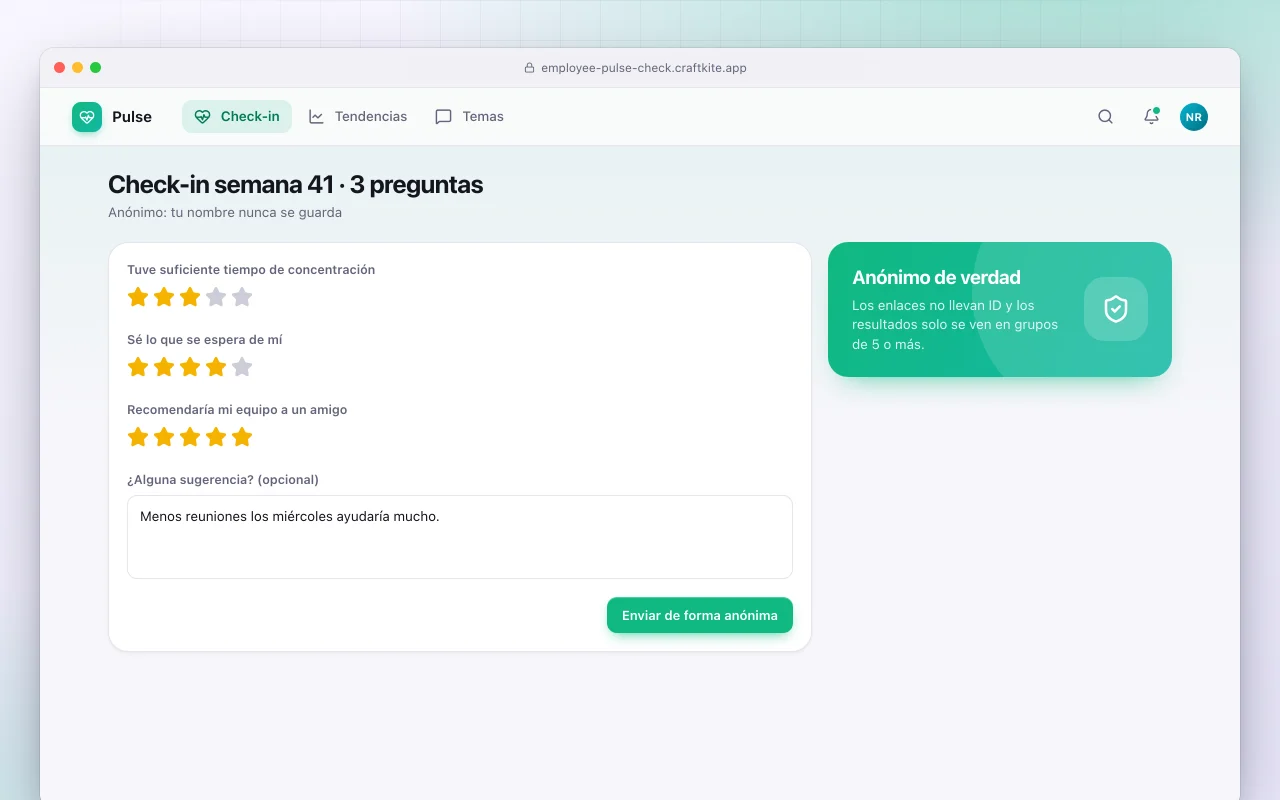 Encuesta de pulso para empleados: la pantalla Check-in semana 41 · 3 preguntas