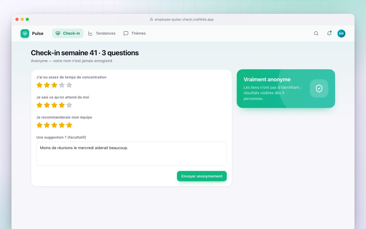 Sondage flash auprès des employés : l’écran Check-in semaine 41 · 3 questions