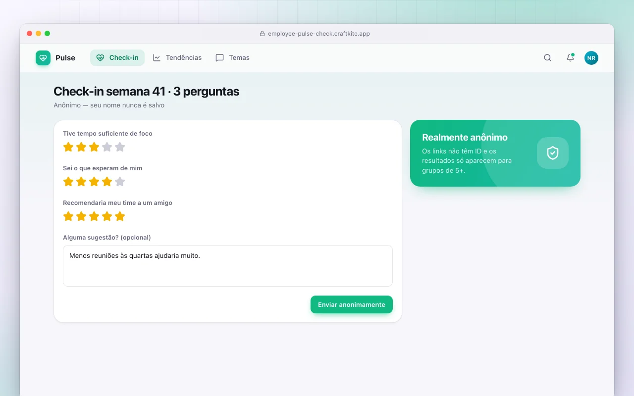 Pesquisa rápida de clima da equipe: a tela Check-in semana 41 · 3 perguntas