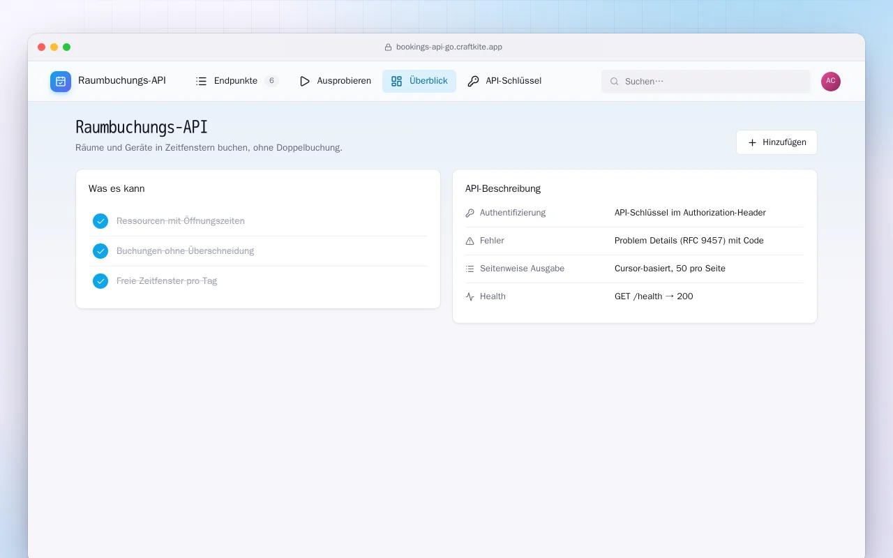 Raumbuchungs-API (Go): der Bildschirm „Raumbuchungs-API“
