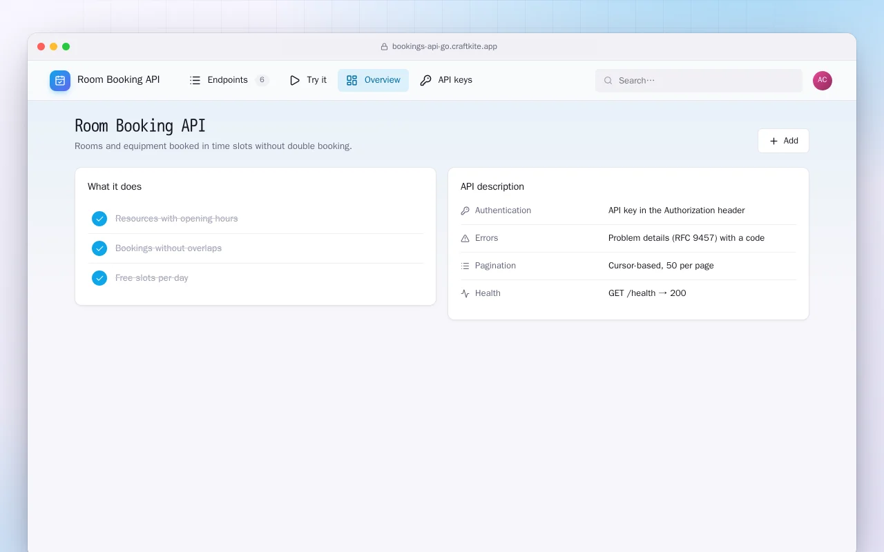 Room Booking API (Go): the Room Booking API screen