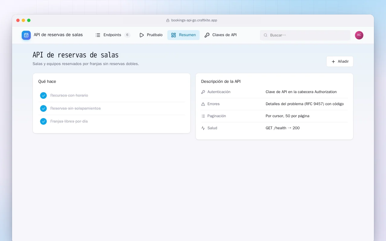API de reservas de salas (Go): la pantalla API de reservas de salas