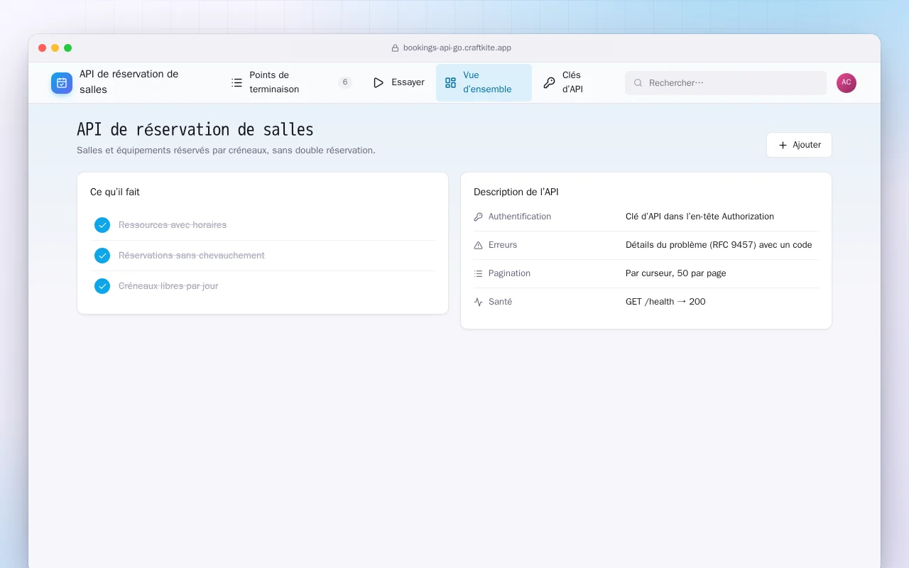 API de réservation de salles (Go) : l’écran API de réservation de salles