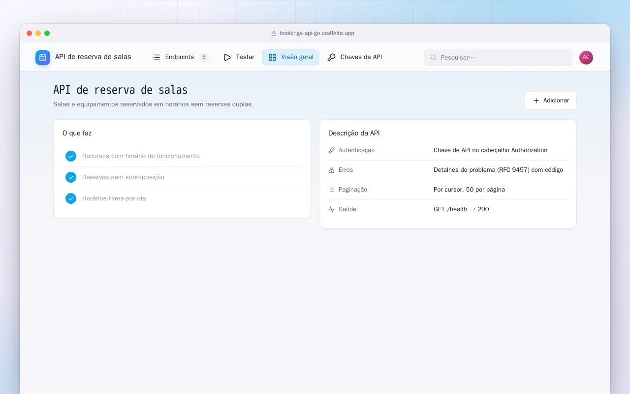 API de reserva de salas (Go): a tela API de reserva de salas