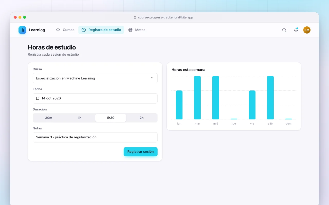 Seguimiento del progreso de aprendizaje: la pantalla Horas de estudio