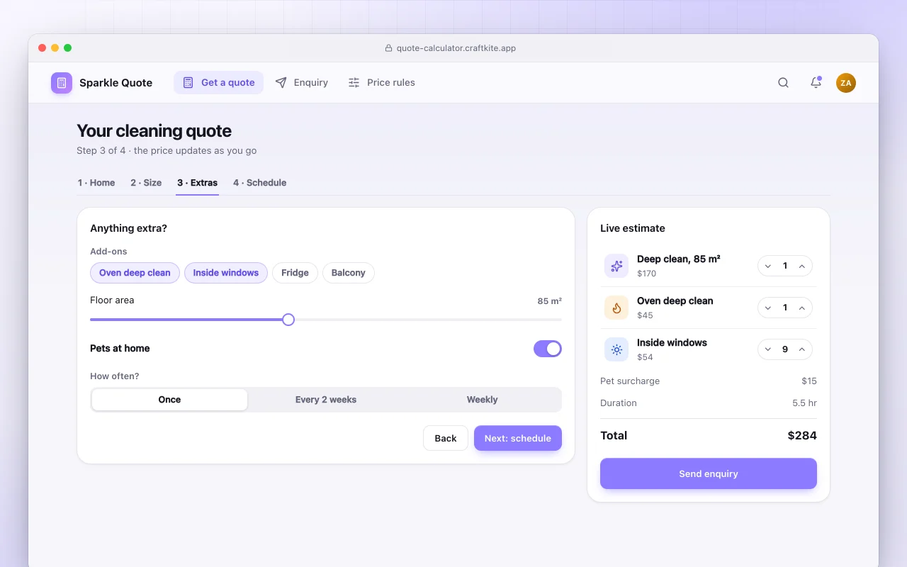 Quote calculator: the Your cleaning quote screen