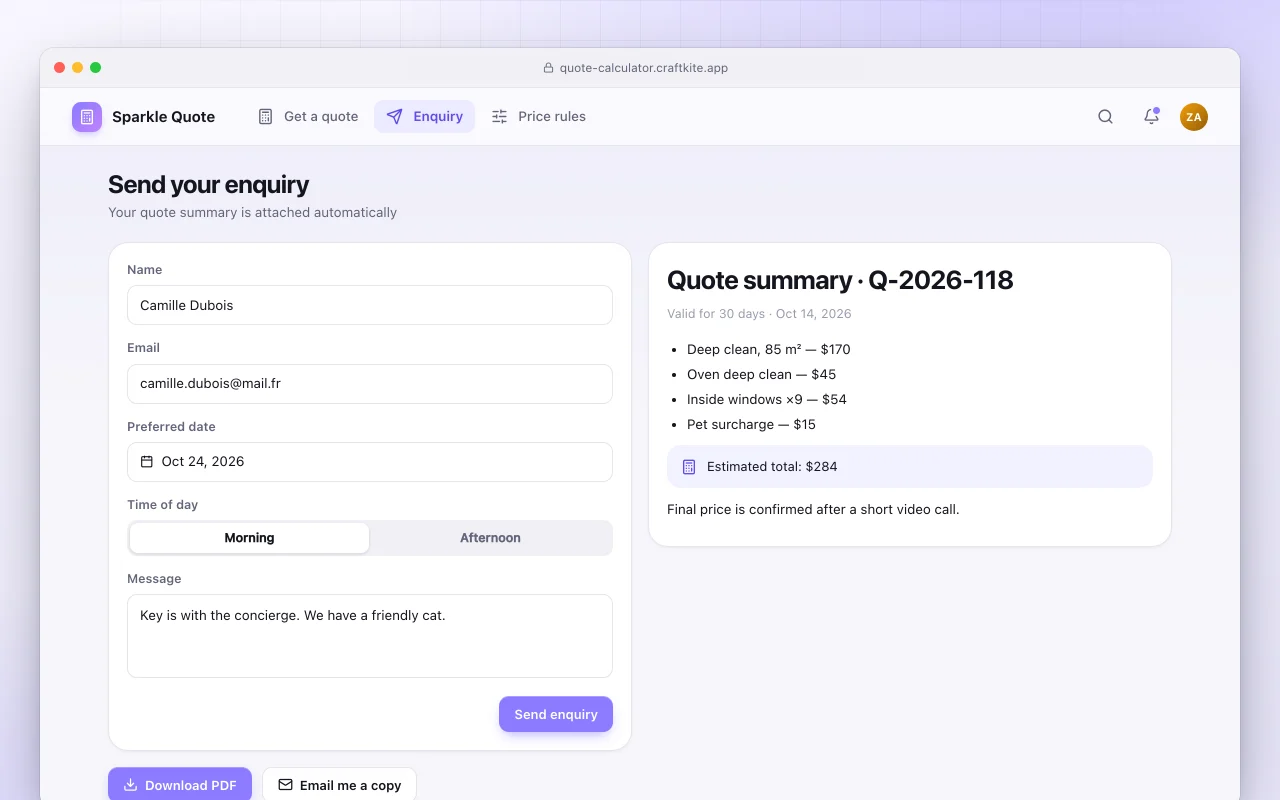 Quote calculator: the Send your enquiry screen