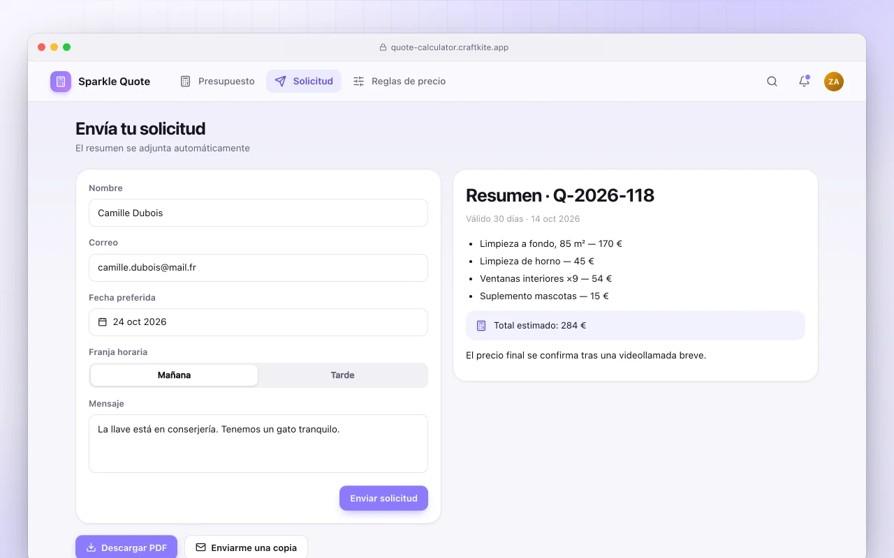 Calculadora de presupuestos: la pantalla Envía tu solicitud