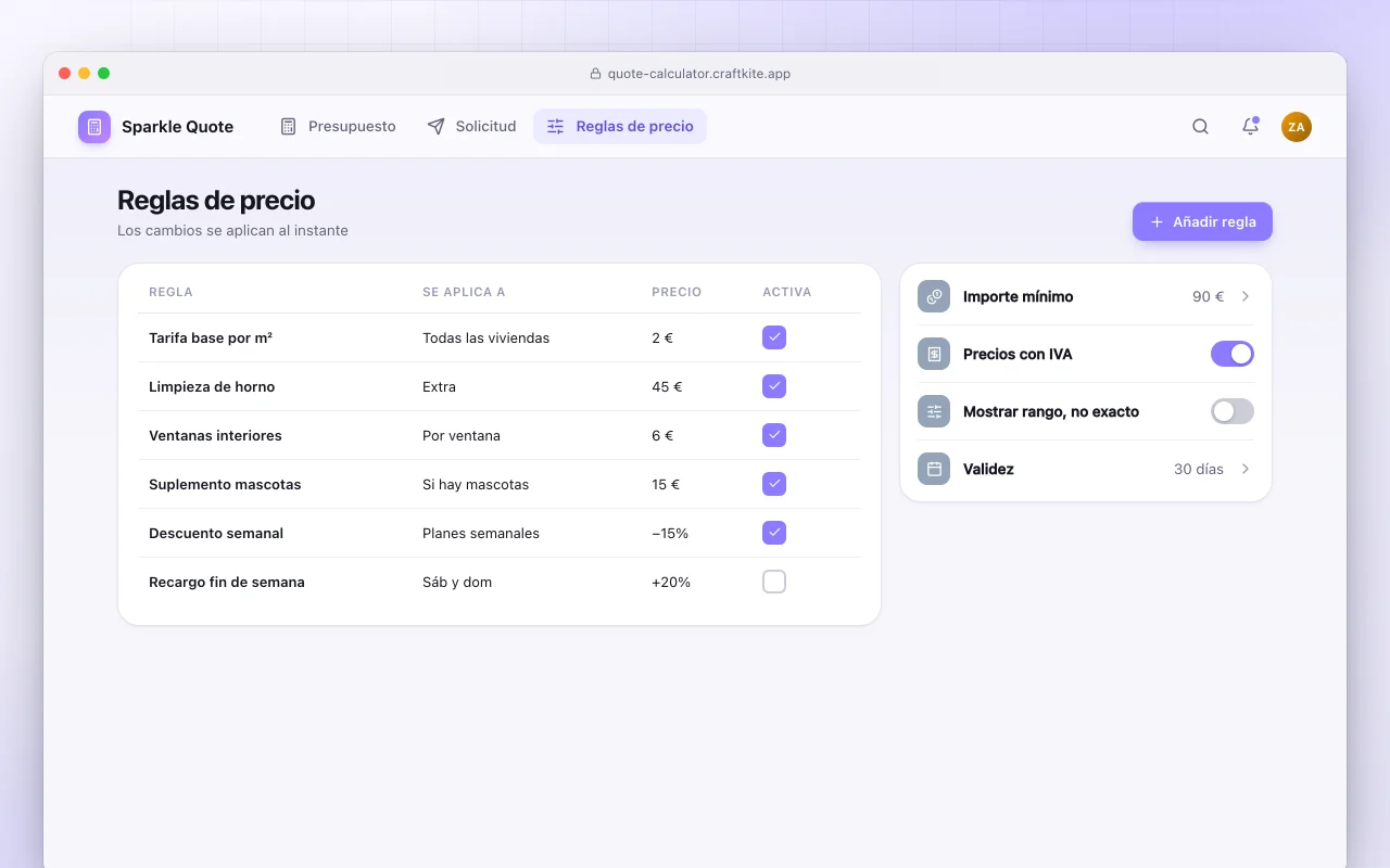 Calculadora de presupuestos: la pantalla Reglas de precio