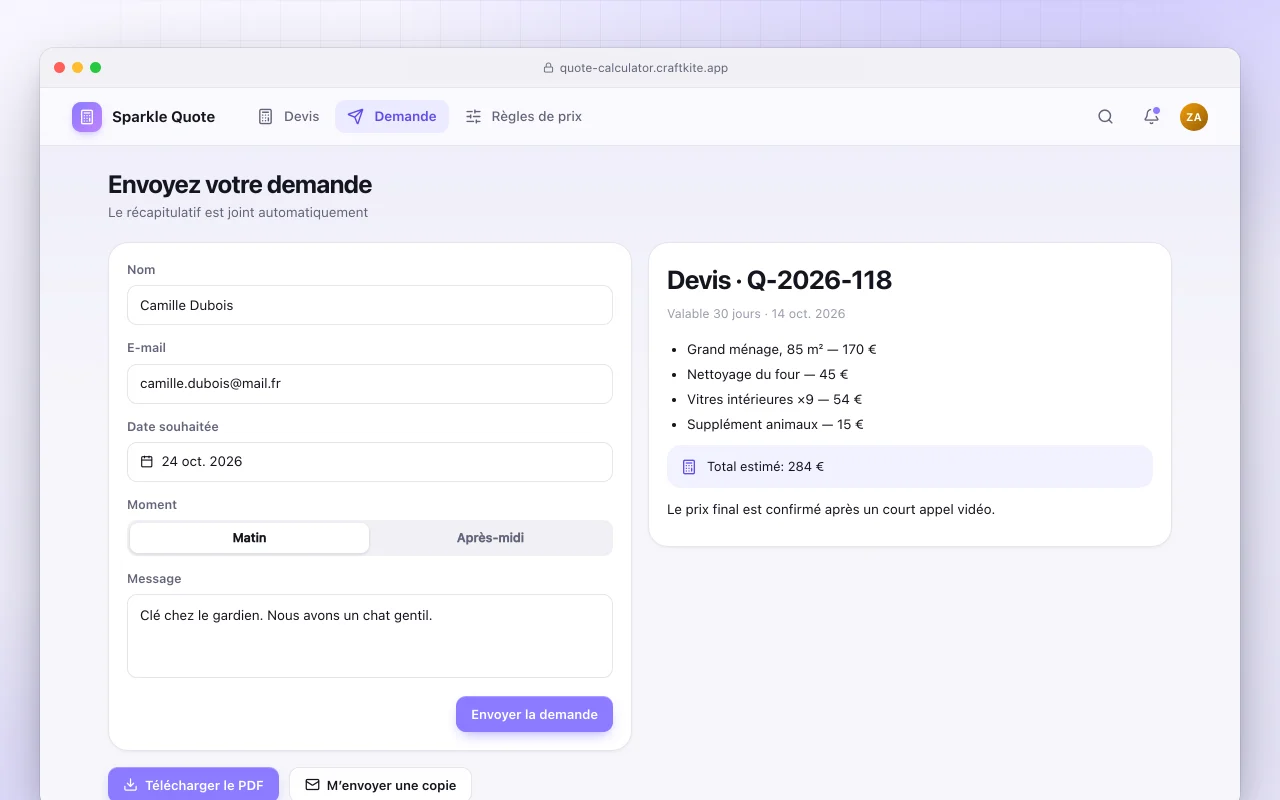 Calculateur de devis : l’écran Envoyez votre demande