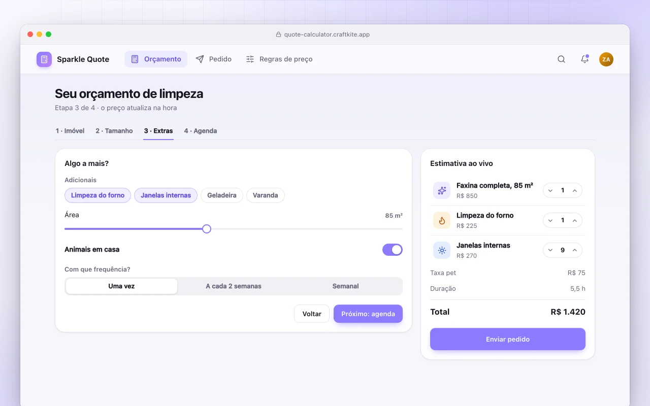 Calculadora de orçamento: a tela Seu orçamento de limpeza