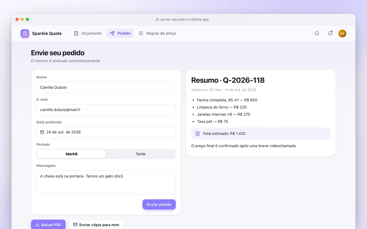 Calculadora de orçamento: a tela Envie seu pedido