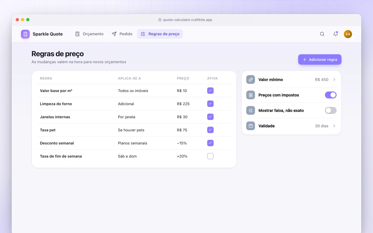 Calculadora de orçamento: a tela Regras de preço