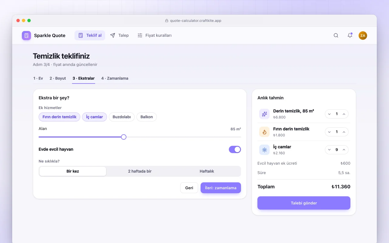 Fiyat teklifi hesaplayıcı: Temizlik teklifiniz ekranı