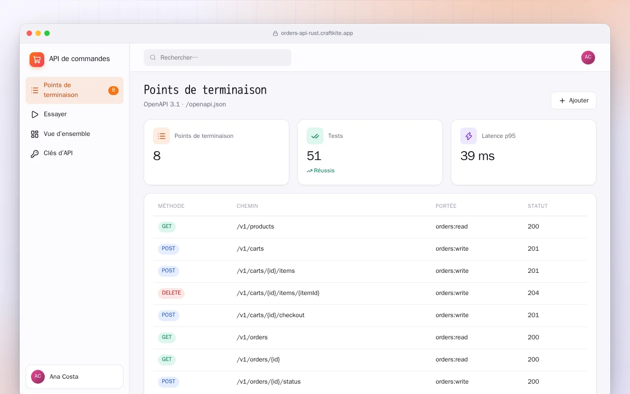 API de commandes (Rust) : l’écran Points de terminaison