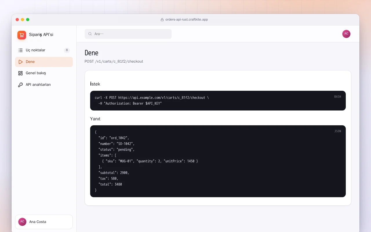Sipariş API’si (Rust): Dene ekranı