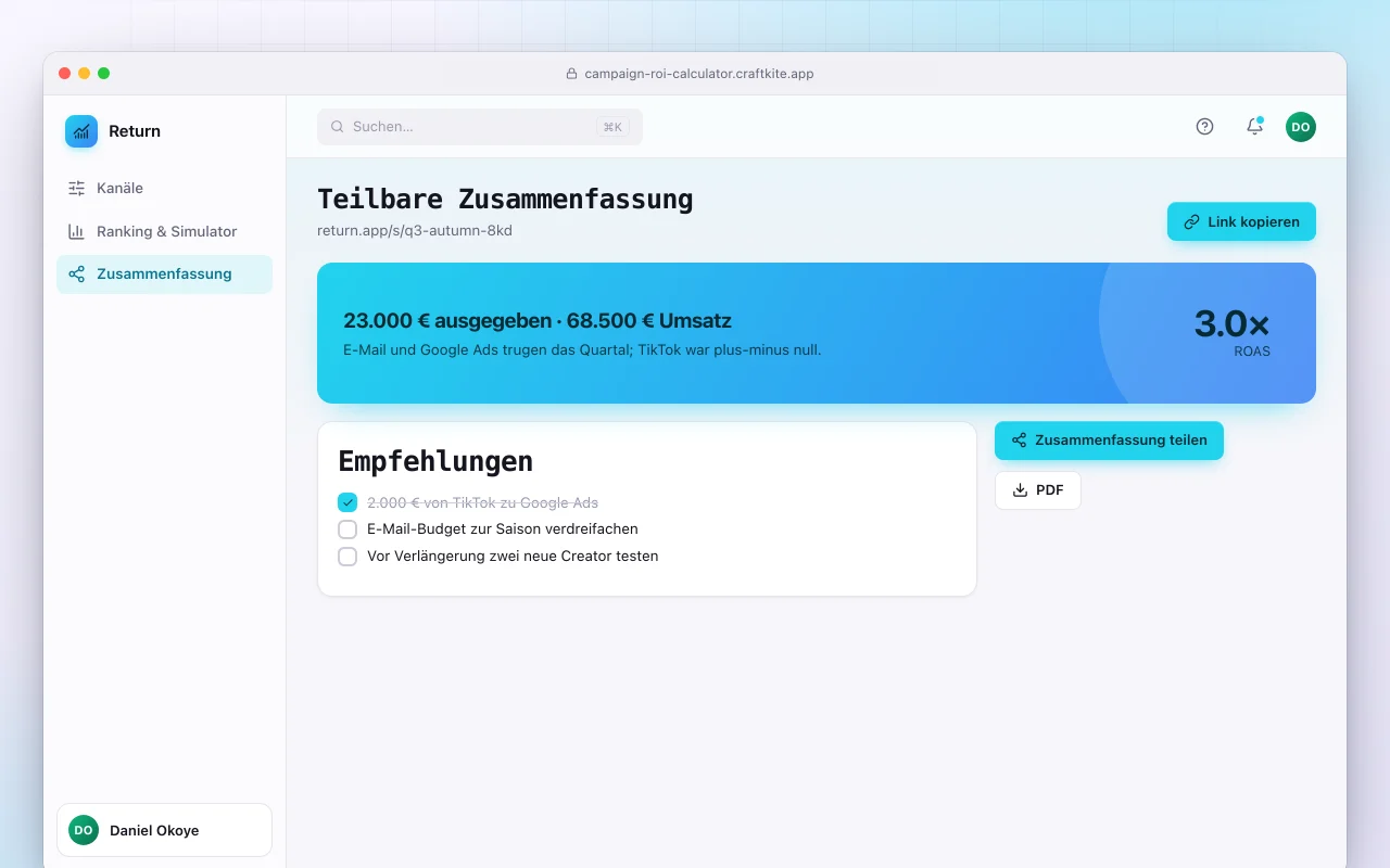 Kampagnen-ROI-Rechner: der Bildschirm „Teilbare Zusammenfassung“