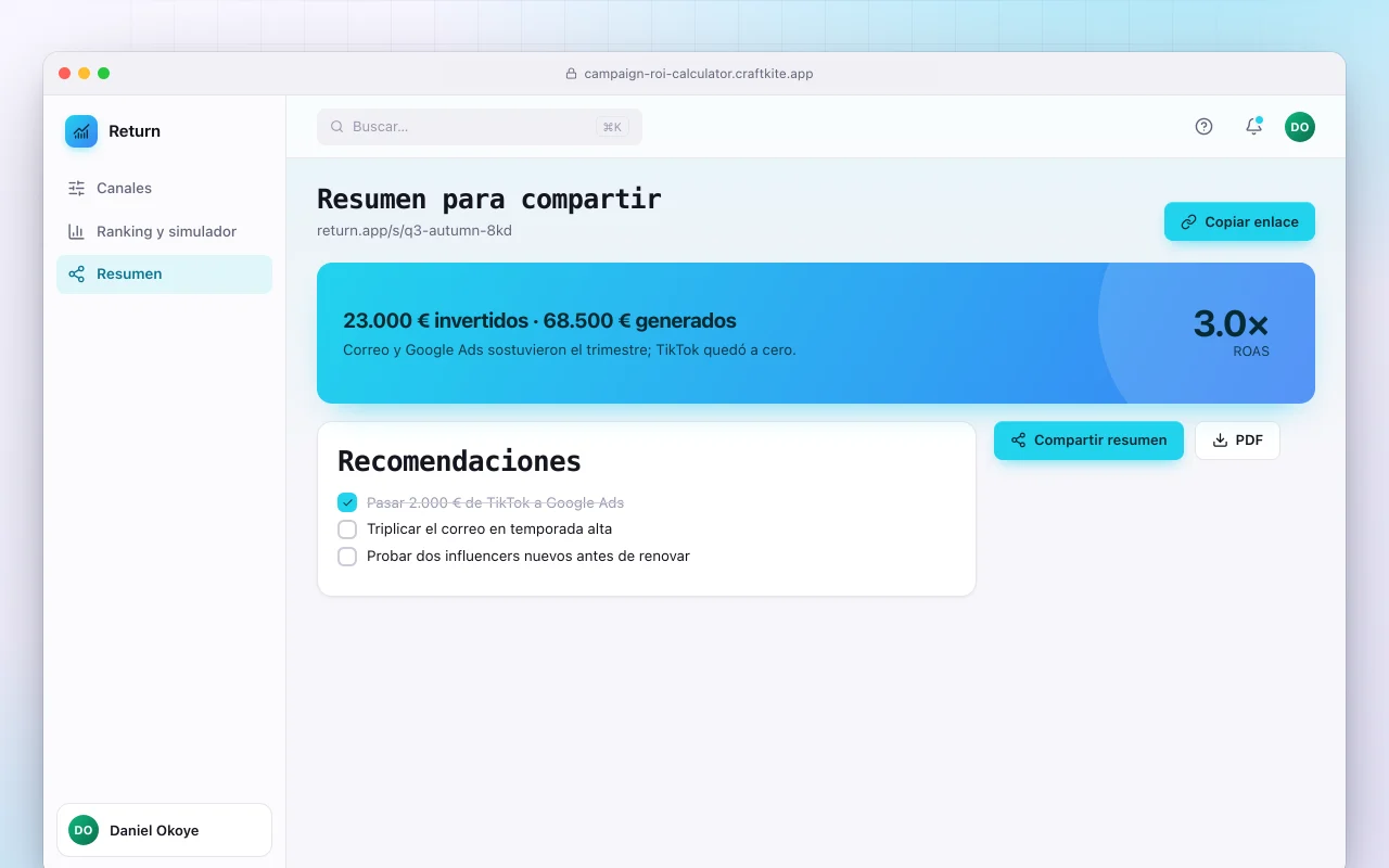 Calculadora de ROI de campañas: la pantalla Resumen para compartir