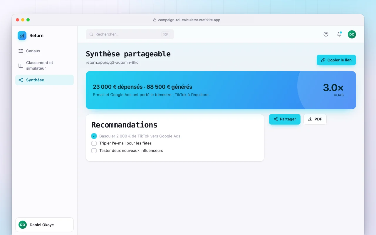Calculateur de ROI de campagne : l’écran Synthèse partageable
