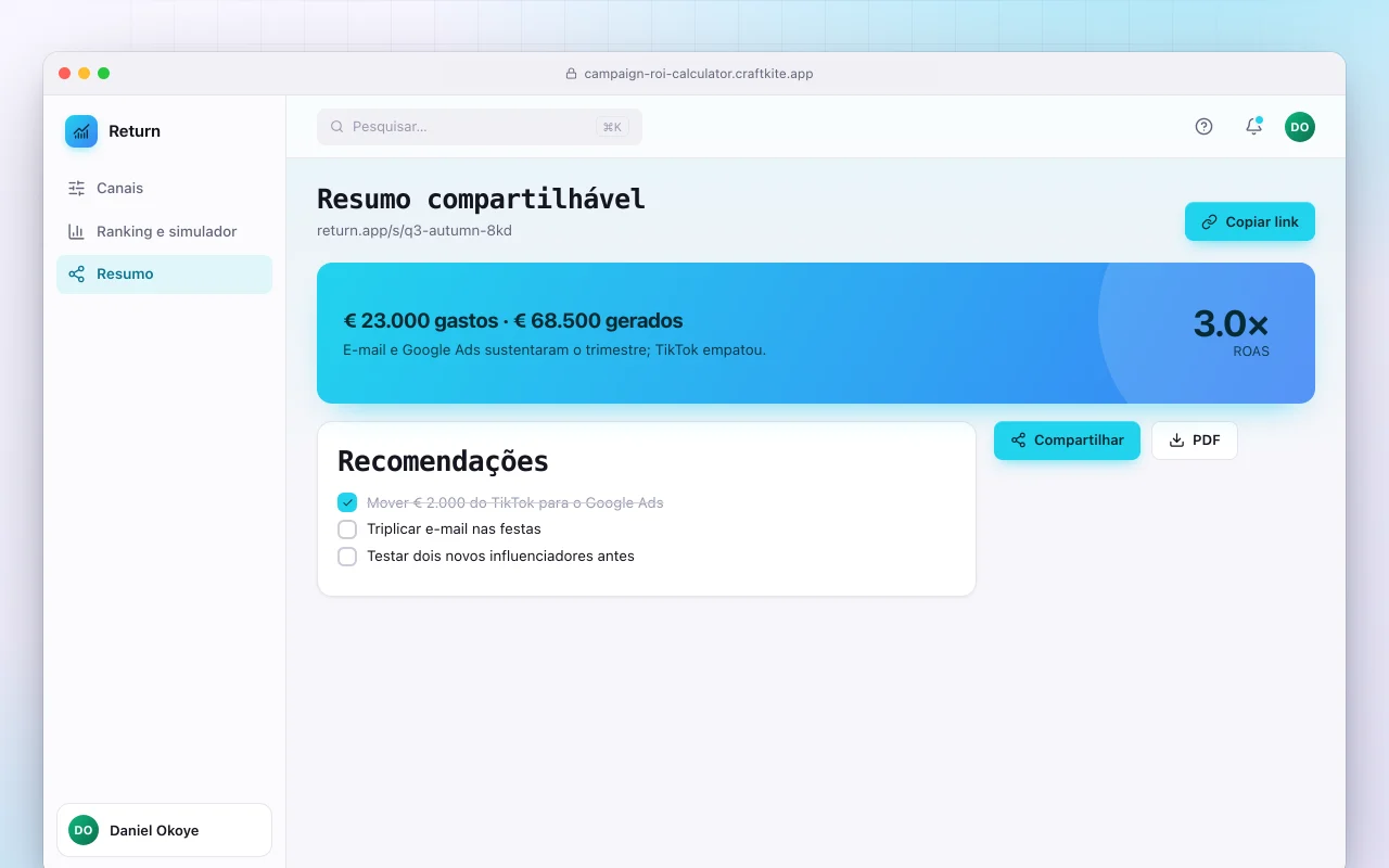Calculadora de ROI de campanhas: a tela Resumo compartilhável