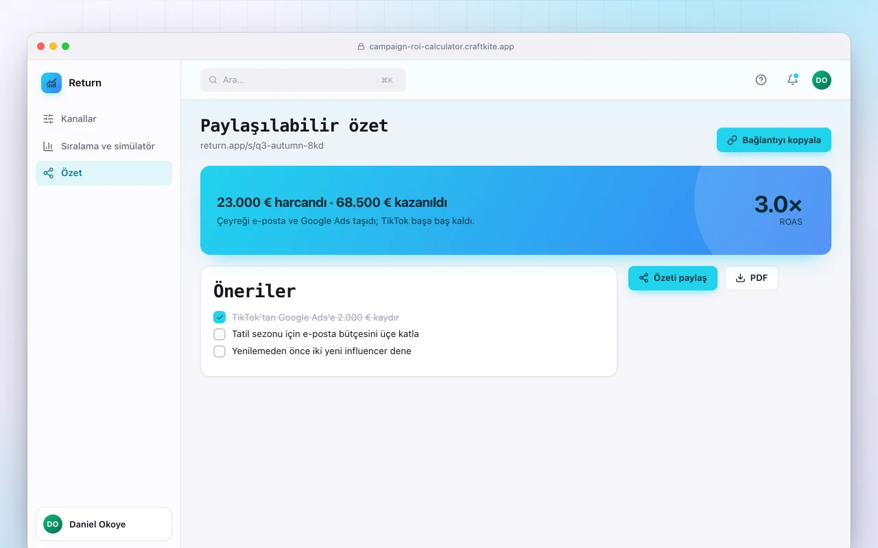 Kampanya ROI hesaplayıcı: Paylaşılabilir özet ekranı