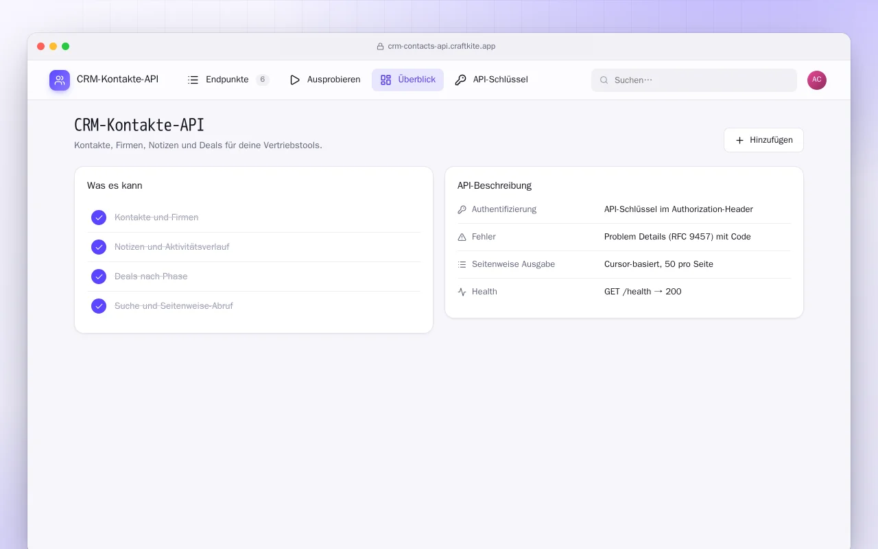 CRM-Kontakte-API: der Bildschirm „CRM-Kontakte-API“